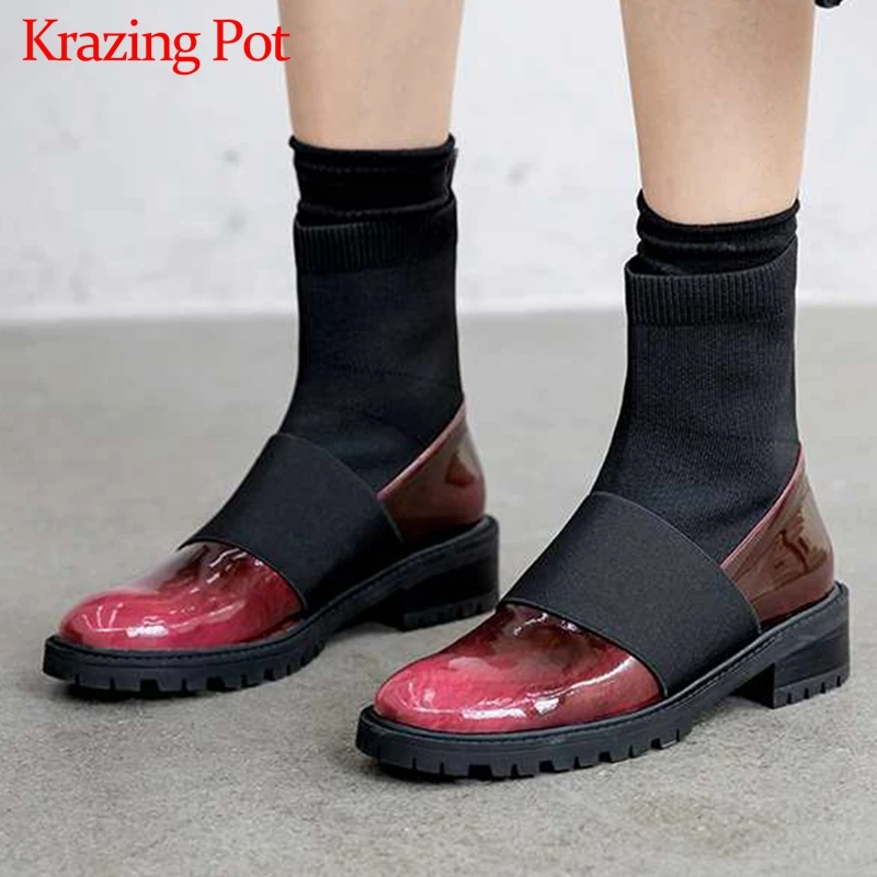 

Krazing Pot popular cow leather stretch knitting socks boots round toe med heels winter keep warm women simple ankle boots L88