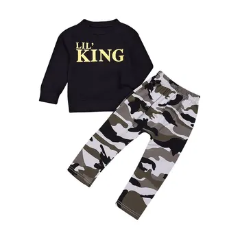 

2pcs Kids Boys Letter & Camouflage Pattern Long Sleeves T-Shirt & Long Pants Trousers Outfits for Casual Daily Wear