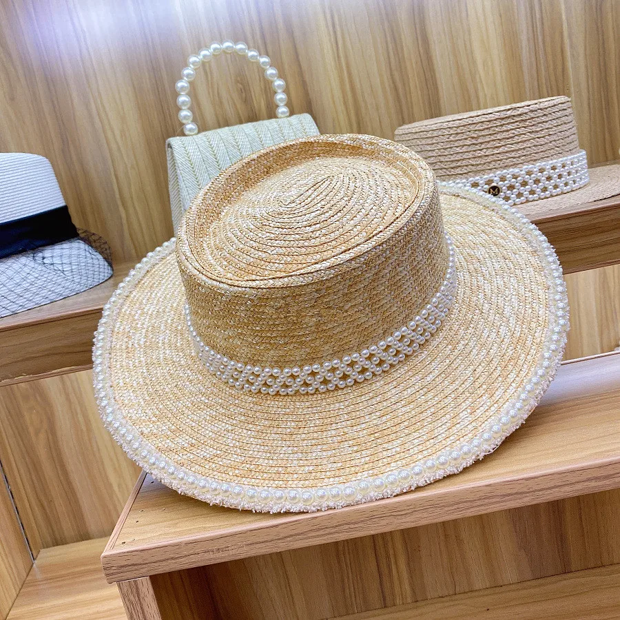 

202304-nu chic summer handmade straw sweet pearl lace ribbon holiday beach solid sun cap women leisure hat