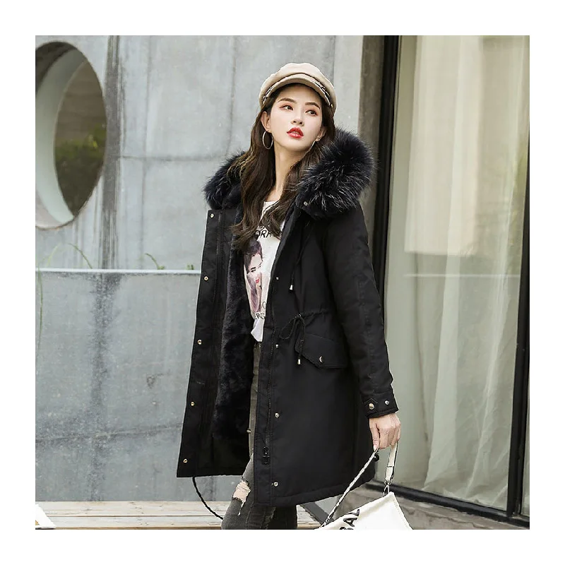 Sweet lady style large women rex rabbit fur liner fur coat long paragraph detachable fur collar women's jacket cotton clothing