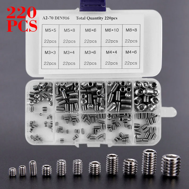 

220pcs/set Stainless Steel Hex Head Socket Hex Grub Screw Assorted Point Cup Set Durable Hex Grub Screw Assortment Kit