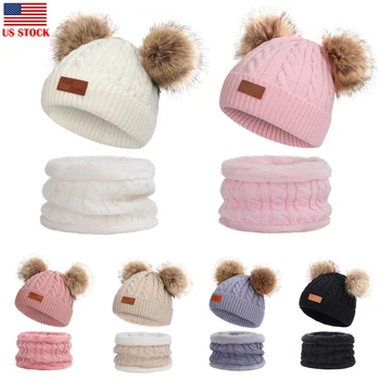 

Cute 2PCS Toddler Kids Baby Boy Girl Knit Wool Winter Hiarball Cap Hat Scarf Set