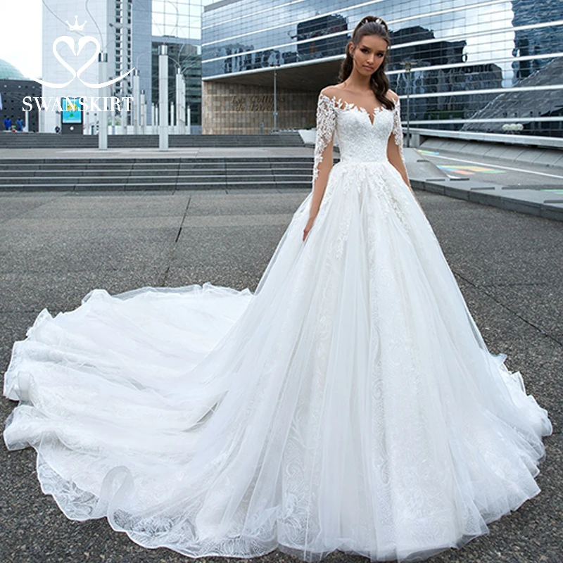 Свадебное платье Swanskirt с аппликацией модель 2020 года бальное со шлейфом и длинным