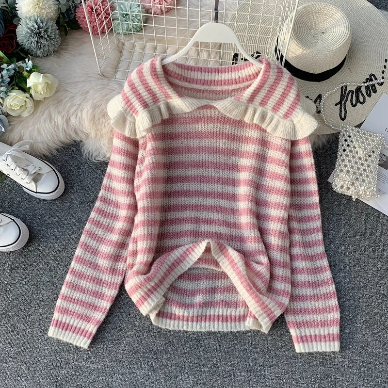 

Women Striped Sweater Loose Pullover Autumn 2019 New Knitted Korean Fashion Sueter Mujer Invierno H846