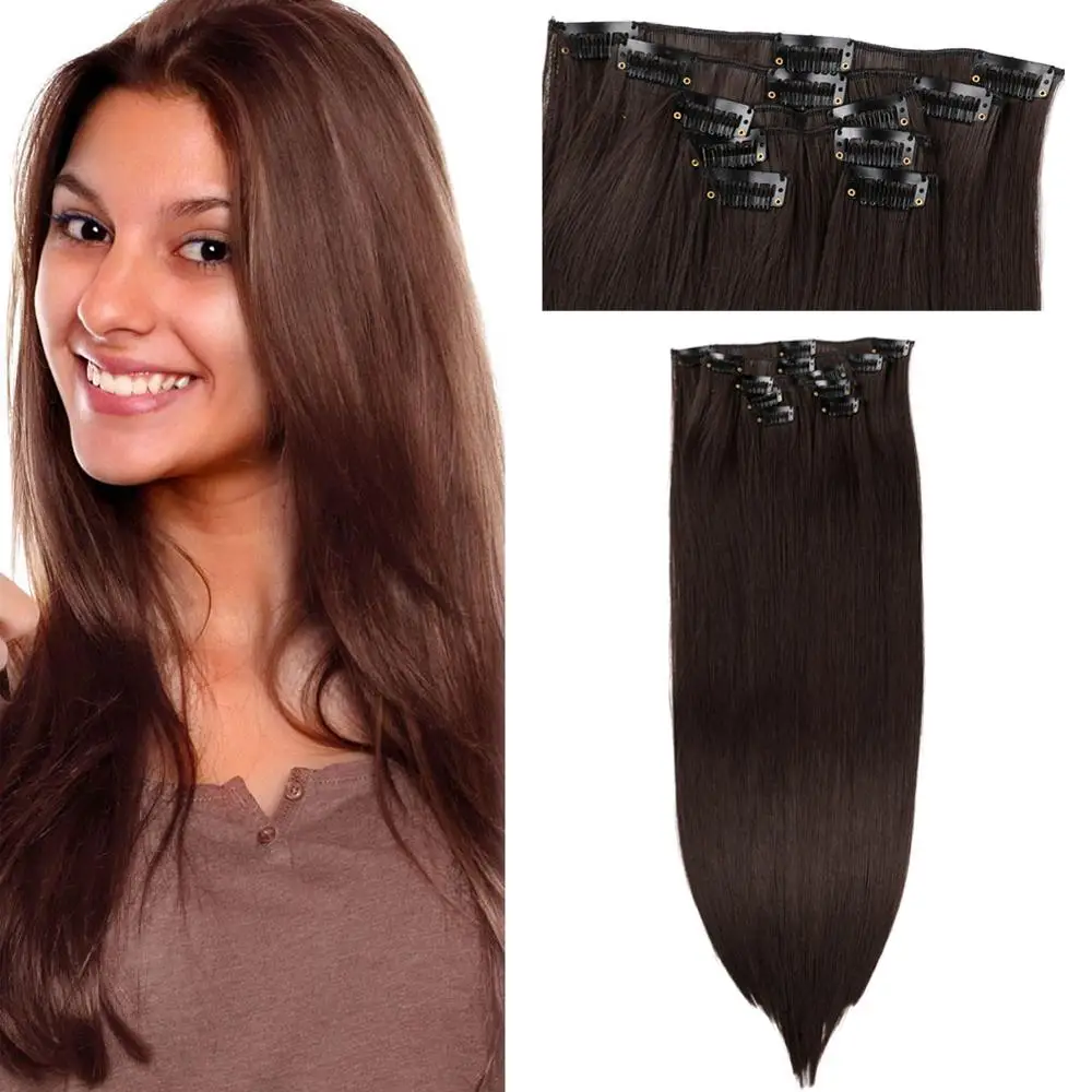 

MTMEI HAIR 6Pcs 12 Clip In Hair Extensions 22" Long Straight Heat Resistant Synthetic Hairpiece Black Brown Wave Hair Extension