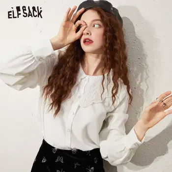 

ELFSACK White Solid Contrast Lace Casual Women Shirts,2020 Autumn ELF Single Chic Button Korean Office Ladies,Basic Daily Top