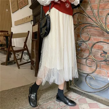

2020 Autumn Mesh Skirt Women Boho Long Skirt High Waist Ruffles Women Beach Skirts Pink Jupe Femme Tulle Skirt Saia Midi Faldas