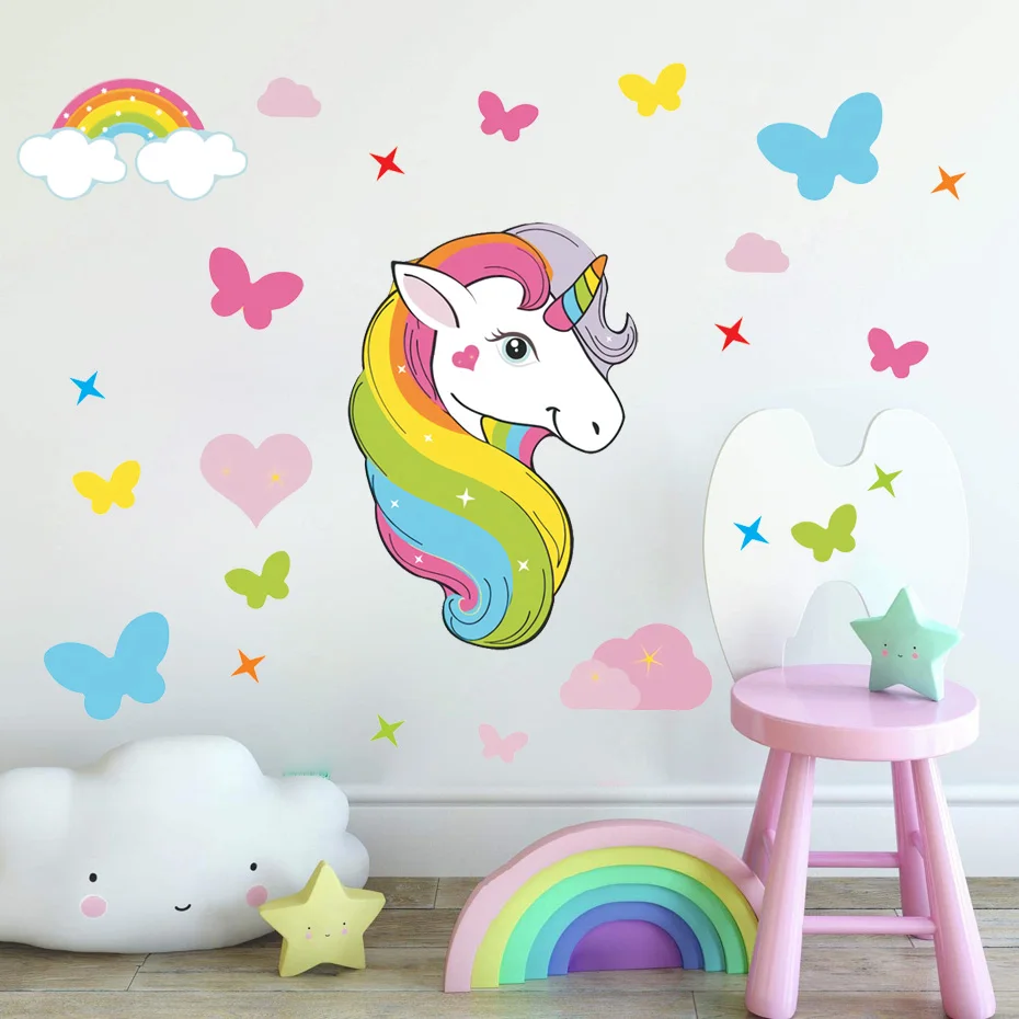 

Unicorn Rainbow Butterfly Colorful Wall Sticker For Kids Rooms Girls Bedroom Nursery Decor Cartoon Animal Art Decortion Decal