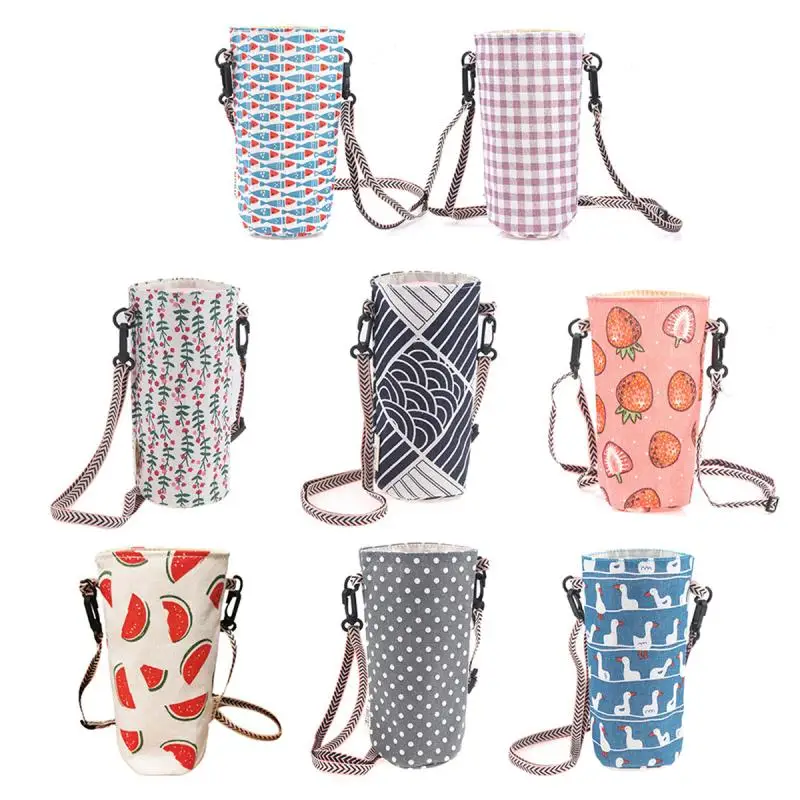 Protable Water Bottle Storage Bag Cotton And Linen Canvas Water Cup Bag Cute Lanyard Messenger