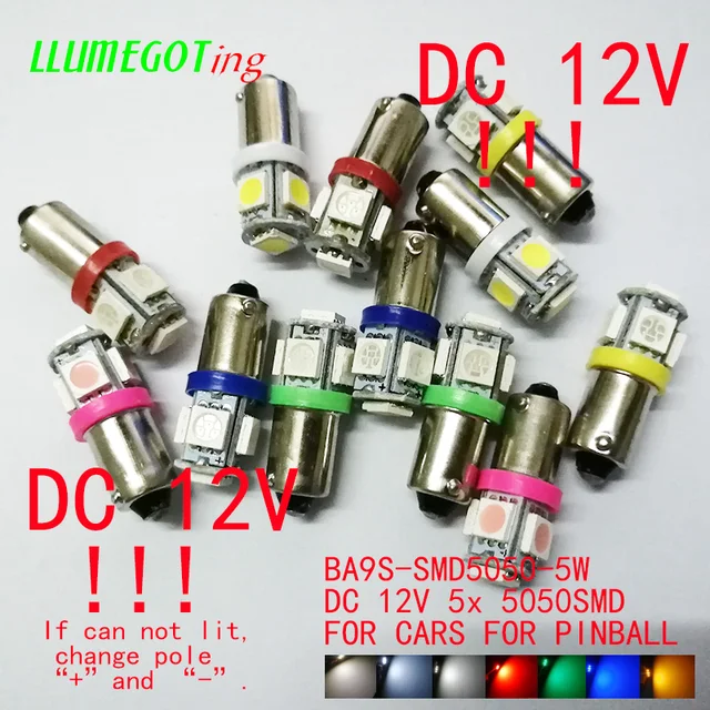 100pcs BA9S T4W #44 #47 LED Bulb 5 SMD 5050 Colorful Super Bright DC 12V for Pinball Game Machine Led Lamps
