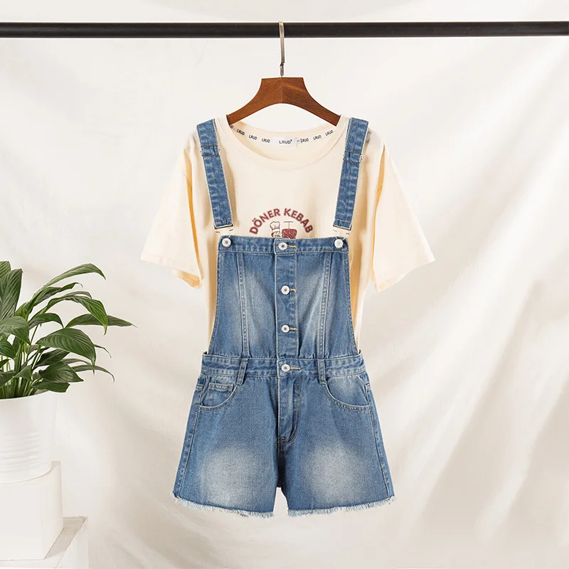 

2019 Summer Large Size Dress Fat Mm Slimming Printed Lettered T-shirt plus Wool Shall Cowboy Suspender Pants Shorts Set