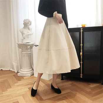 

White Elegant Vintage Women Skirt Silhouette Puff A-line Skirt Women's Spring New Mid-Calf High Waist Retro Skirt French Solid