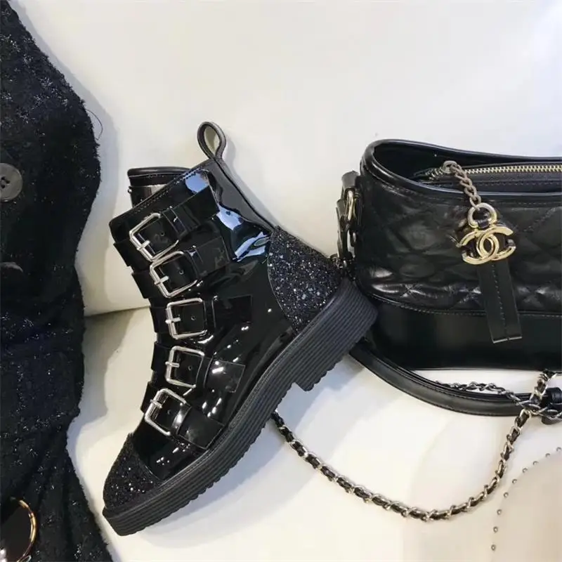 Women Winter Ankle Boots Motorcycle Zipper Black Cool Patent Leather Ladies Shoes Woman Luxury Brand Designer Scarpe Donna