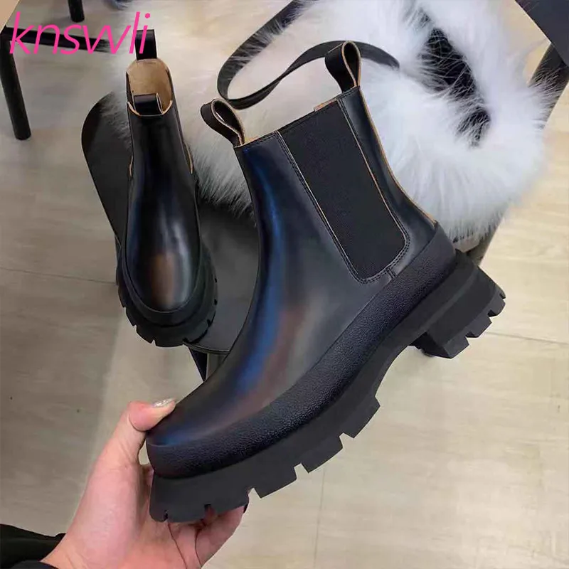 

Thick Sole Chelsea Boots Woman Black Genuine Leather Short Boots British Style Round Toe Motorcycle Boots Women Zapatos De Mujer