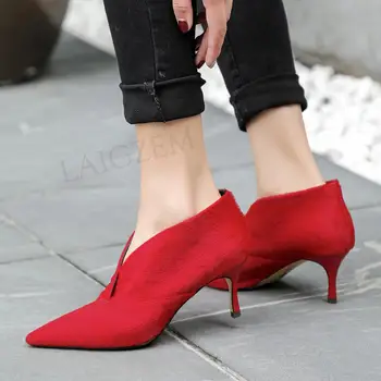 

LAIGZEM Top Quality Women Ankle Booties Horsehair Kitten Heels Boots V Cut Slip On Zapatos Scarpe Donna Shoes Woman Size 38 39