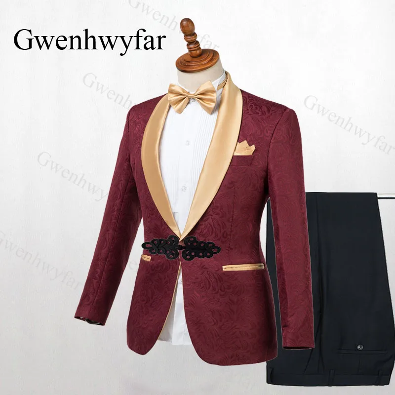 burgundy Gwenhwyfar, смокинги на пуговицах в форме лягушки, свадебные костюмы, серебро, Terno Masculino, мужской блейзер с брюками, 2 предмета, Мужской приталенный пиджак с отворотом - Цвет: burgundy
