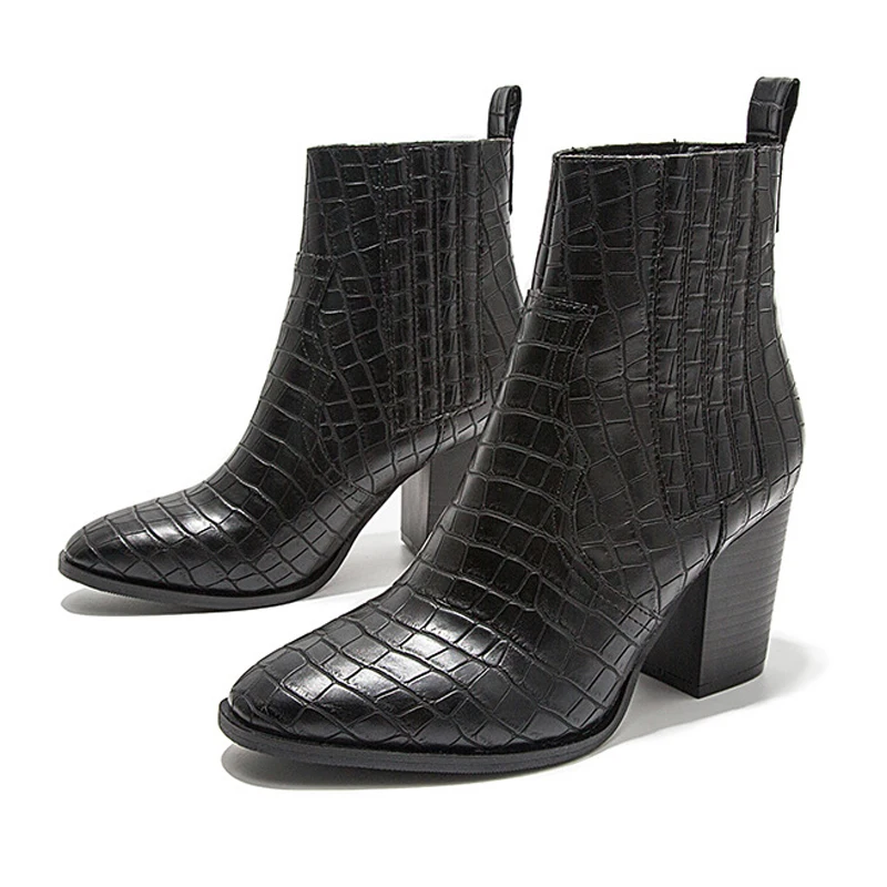 

Motorcycle Western Cowboy Boots Women Crocodile pattern Leather Short Cossacks High Heels Cowgirl Booties Ankle botas Shoes