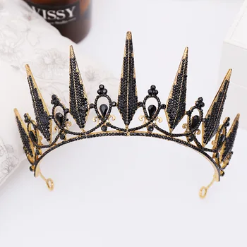 

New Fashion Baroque Luxury Black Crystal Crown Tiaras Gold Color Diadem Tiaras for Women Bride Wedding Hair Accessories VL