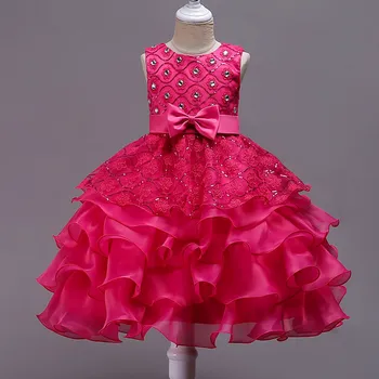

Sequin Girls Clothing Sleeveless Bow Flower Wedding Party Gown Cosplay Costume Short Hot Pink Elegant Stage Performance Dress
