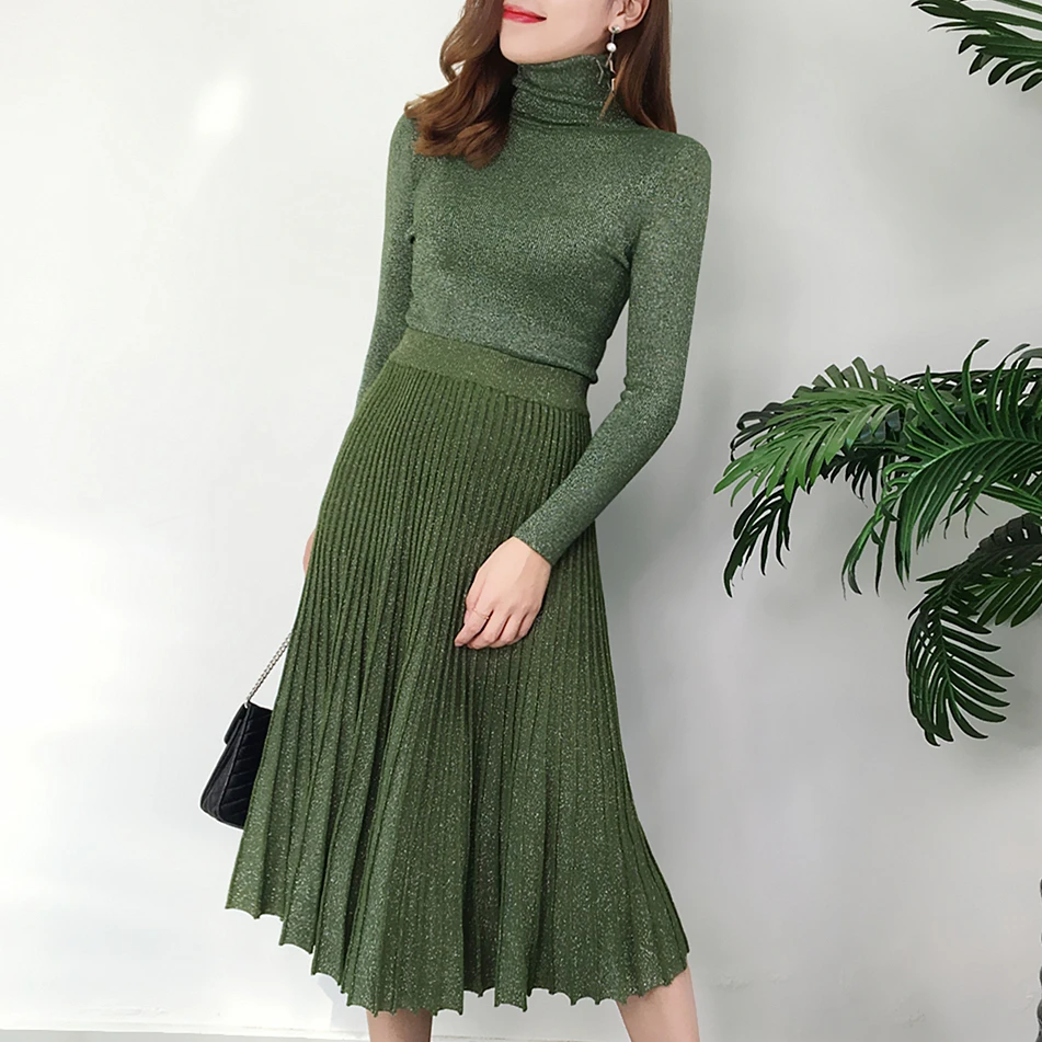 

Women's suit autumn retro bright silk high collar sweater long sleeve pullover sweater + high waist long pleated skirt set