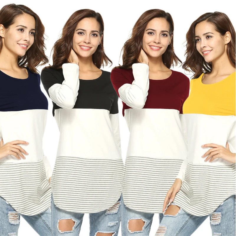 

Patchwork Striped 2019 Autumn Top Women Long Sleeve T shirt Tunic Streetwear Block Casual Tee Korean harajuku vogue Clothes