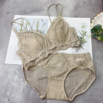 

Summer breathable thin bra with briefs set no steel ring anti-glare beauty back cross belt underwear suit women sexy lingerie