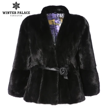 

Casual Black mink fur coat imported Solid fashion fur belt real fur coat collar fur coats for women winter short Thick Warm
