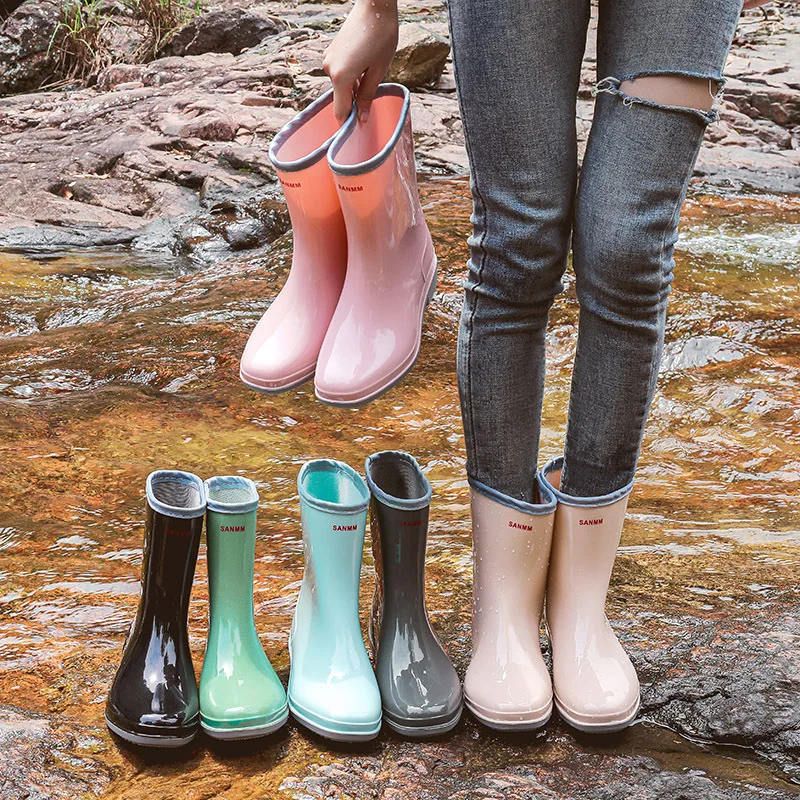 Rouroliu 2021 Mid-Calf Women Rain Boots Female Outdoor Waterproof Water Shoes Candy Color Slip-on