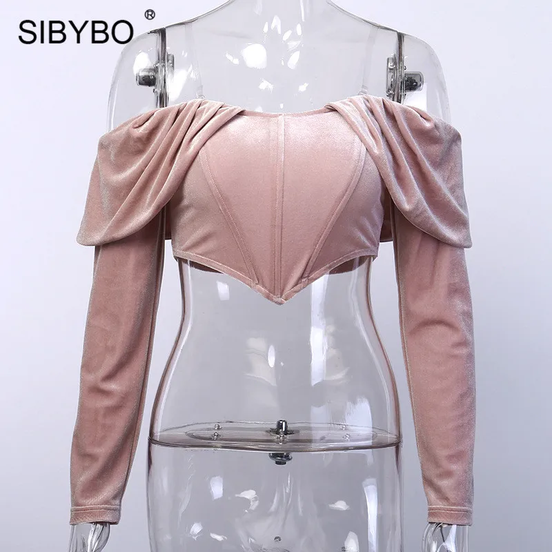 SIBYBO бархатные сексуальные топы с открытыми плечами для женщин, летняя футболка без бретелек с длинным рукавом, женские топы с открытой спиной - Цвет: As Shown