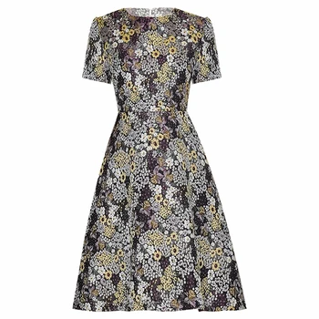 

O-neck Collar Short Sleeve Floral Print Fashion Jacquard Short Dress Designer Women Party Vestidos Robe Femme