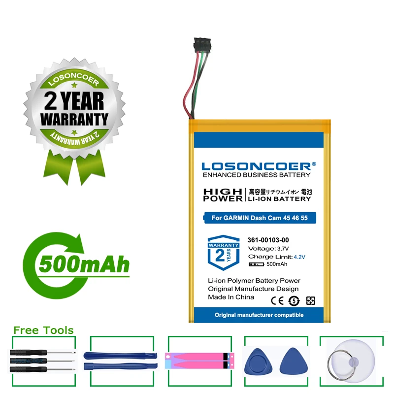 LOSONCOER Battery 500mAh 361 00103 00 Battery For GARMIN Dash Cam 45, Dash Cam 46, Dash Cam 55