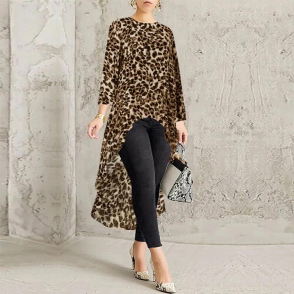 

Feitong Blouse Women Leopard Print Long Sleeve Clothes Plus Size Shirt Tops High Low Plus Blouse blusas mujer de moda 2019