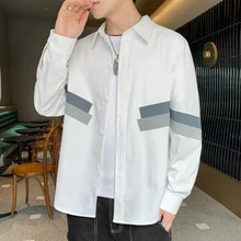 Camisa de manga longa masculina 2021 nova moda coreana ruffian bonito branco costura casual solto contraste casaco na primavera e no outono