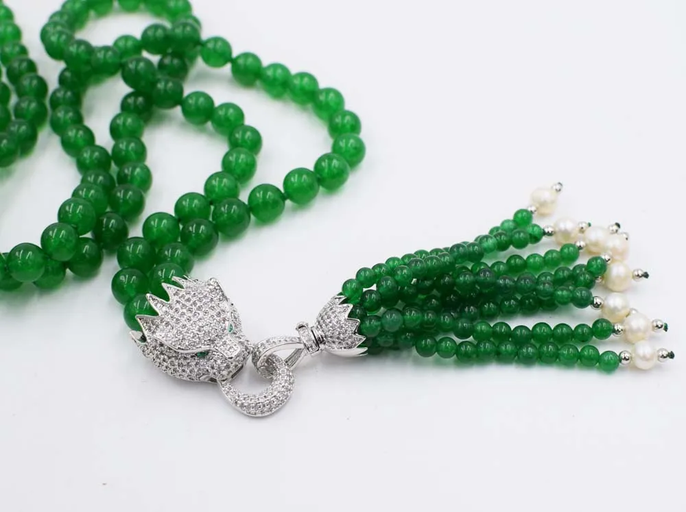 

NEW green jades round 8mm leopard clasp necklace 35inch wholesale beads nature woman