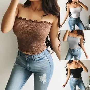 

Women Sexy Strapless Off Shoulder Tube Top Ruched Backless Ruffles Bandeau Wrap Black, Coffee, Light Gray, White
