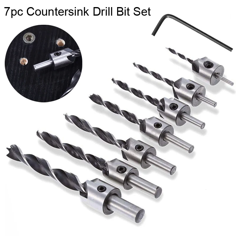 7pc Flute HSS Countersink Drill Bit Set 3mm-10mm Reamer Woodworking Chamfer Drill Counterbore Pliot Hole Cutter Screw Hole Drill