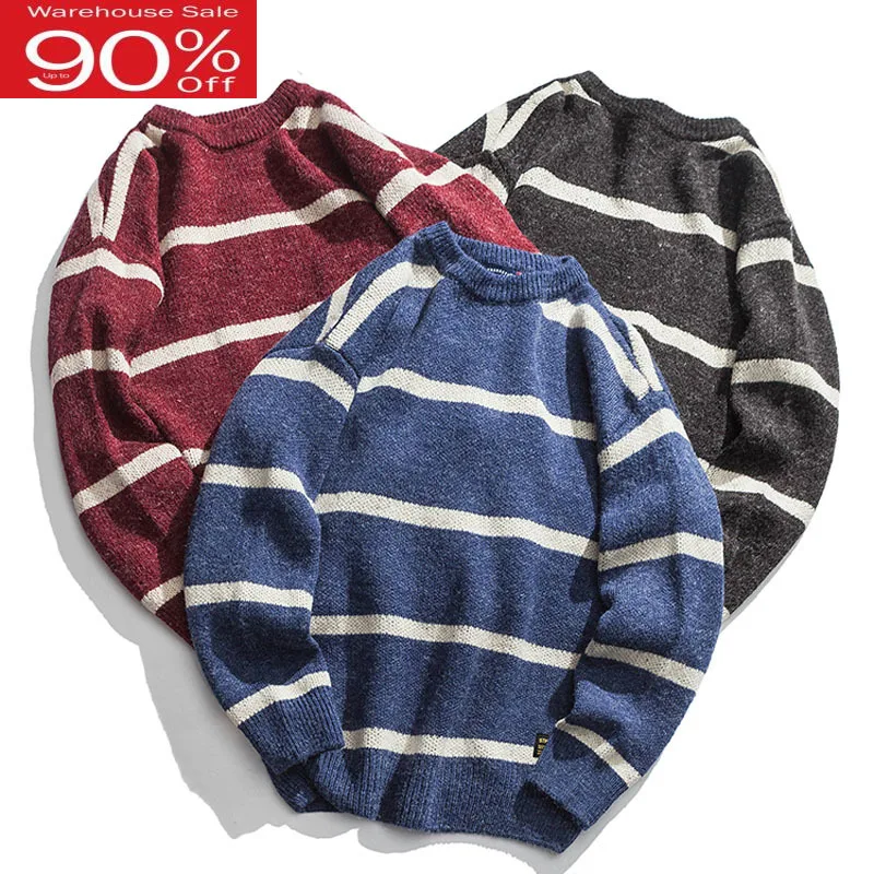 Мужской свитер в полоску теплый трикотажный пуловер для мальчиков-подростков