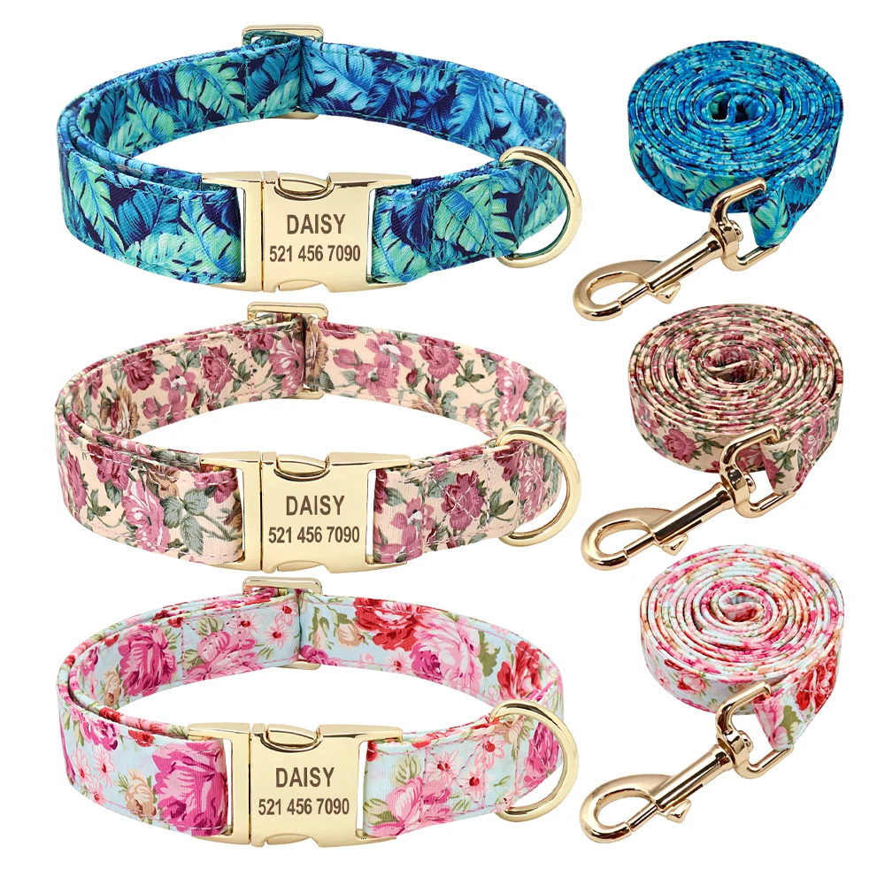 Nylon Printed Dog Collar Leash Set Personalized ID Tag Nameplate For Small Medium Dogs dog collar