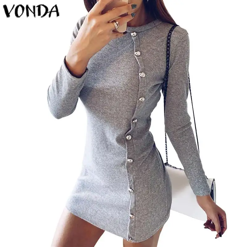 Мини платье для женщин пляжное VONDA Повседневное платье-рубашка офисное сексуальное облегающее осеннее платье с длинным рукавом модное винтажное вечернее платье