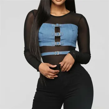 

Womens Bodysuit Leotard Bodycon Slim Fit Party Romper Club Outfits Overalls Black Mesh Denim Patchwork Fashion Clothes