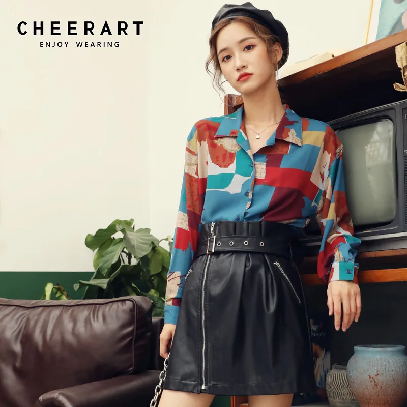 

Cheerart Fall 2019 Womens Tops And Blouses Long Sleeve Button Up Shirt Loose Top Color Block Print Blouse Autumn Women