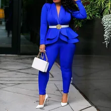 Королевский синий африканский Женский комплект из 2 предметов, элегантная Офисная Женская рабочая одежда с оборками, топы и штаны, Деловые женские комплекты одежды, костюмы