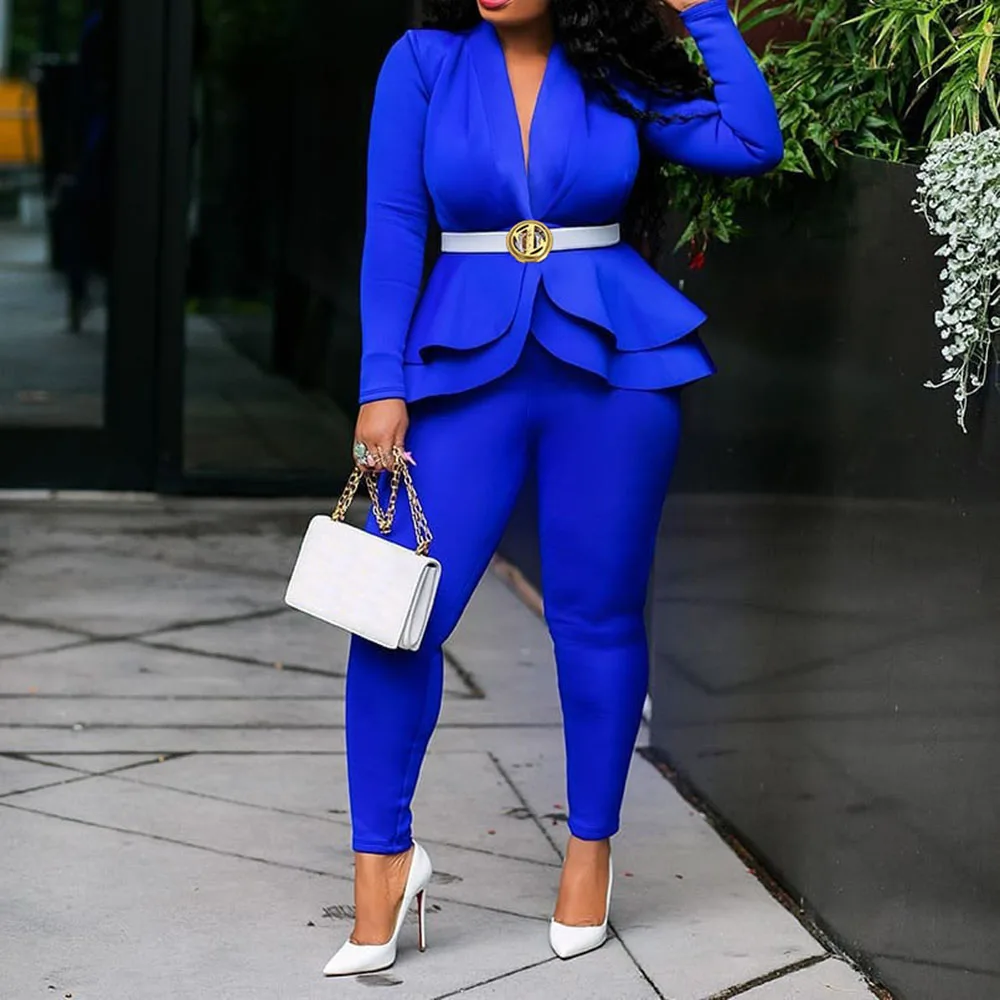 Conjunto de ropa de trabajo de estilo africano para traje elegante de negocios con volantes, Tops y pantalones, azul real, 2 piezas - AliExpress Ropa de mujer