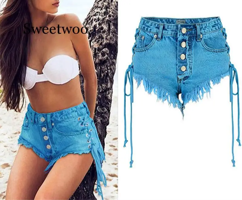 Hight waisted Mini Jeans Shorts Women Both Side Tie Mini Short Sexy Denim Shorts Jeans