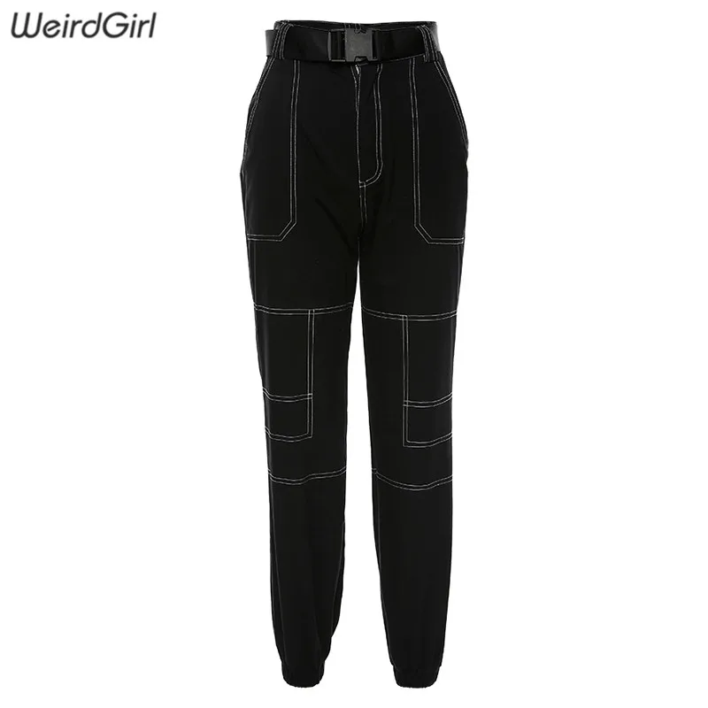 Weirdgirl, женские хлопковые повседневные штаны, осень, уличная одежда, полосатые брюки-карго, высокая талия, с поясом, женские брюки, Ретро стиль - Цвет: Черный