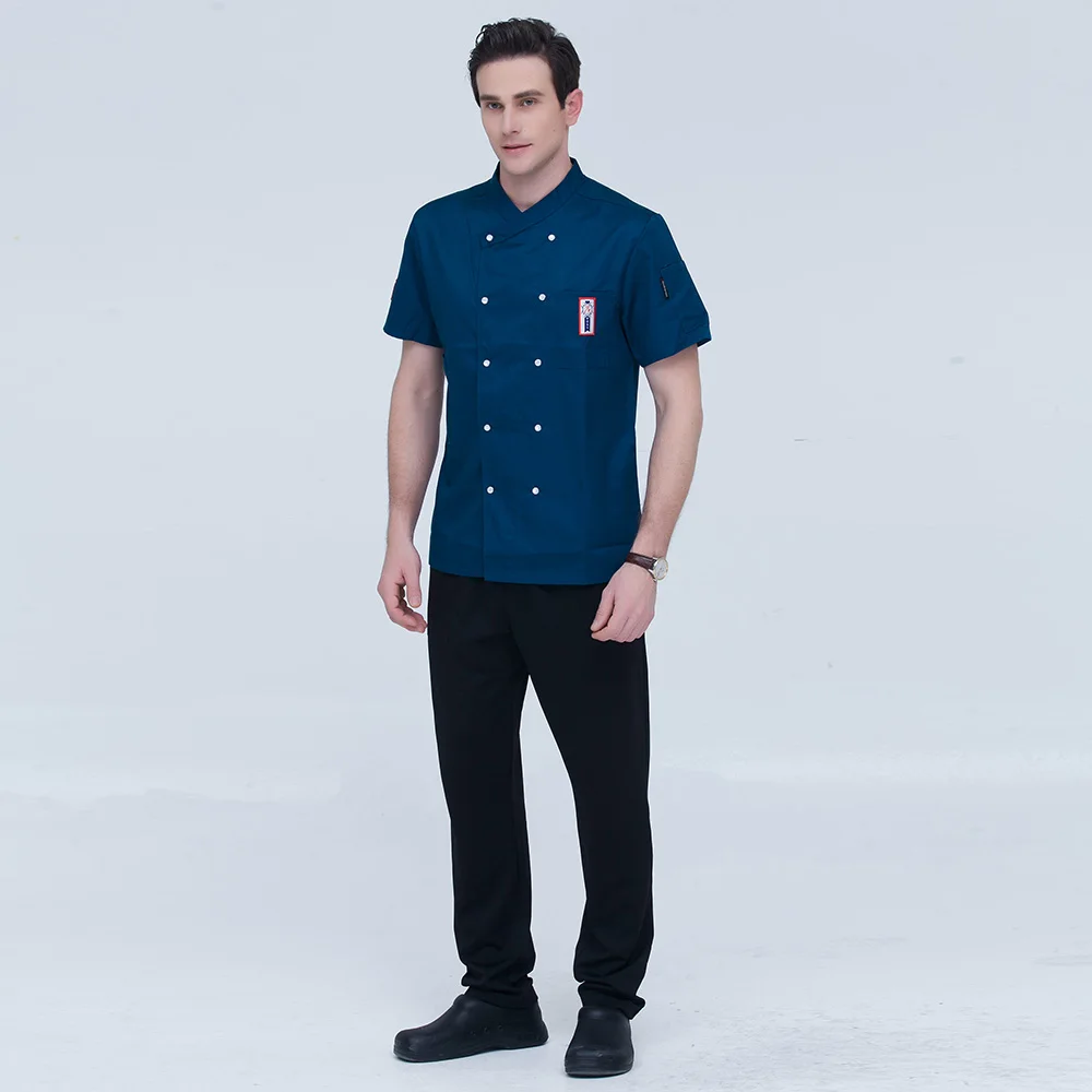 M-4XL Short sleeves high quality men and women Double-breasted Food Service chef uniform Jackets restaurant chef coats 7-colors
