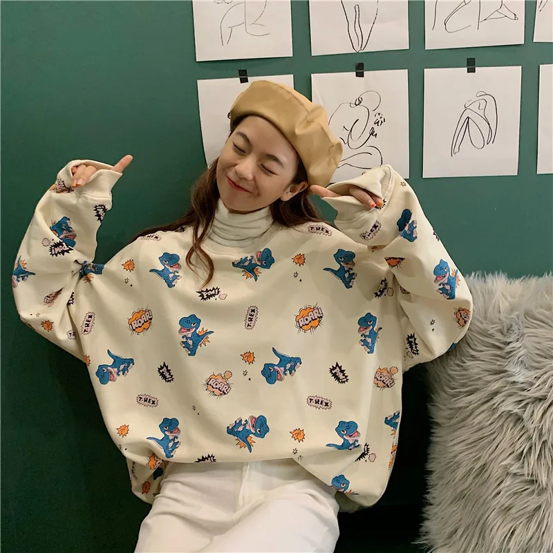

2019 Winter Korean Style Sweatershirt Dinosaur Cartoon Print Cute Large Yard Leisure Cartoon Loose Pullovers Hooded Sweatershirt
