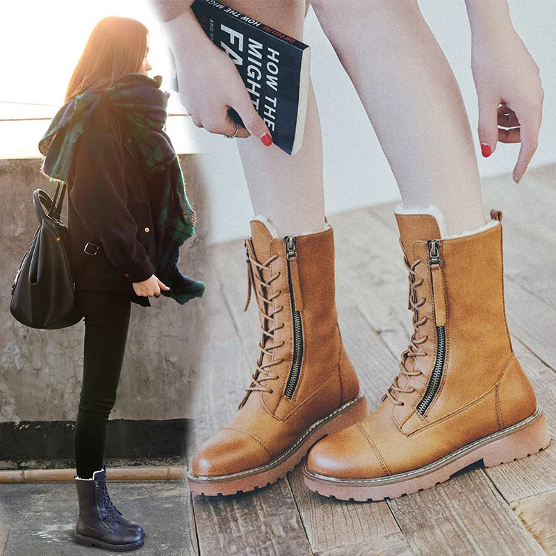 SWYIVY Split Leather Boots Women's Shoes T New 2019 Warm Winter Snow Boots Female Booties Plush Platform Women Shoes Flat with