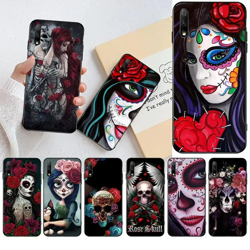 Girl with skull and roses Soft black Phone Case for Huawei Honor 30 20 10 9 8 8x 8c v30 Lite view pro | Мобильные телефоны и