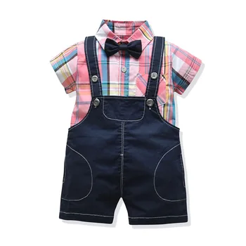 

Baby Boys Clothes Infant Toddler Kids Short Sleeve Sets New Fashion Plaid Shirt Overalls 3 Pcs Children Costume Party Dress